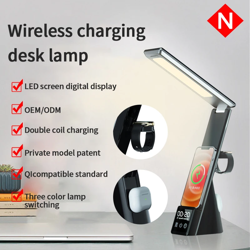

N61 Desk Lamp Wireless Charger Watch Earphone Charger 15W Mobile Phone Wireless Fast Charge With Calendar Clock Reading Light