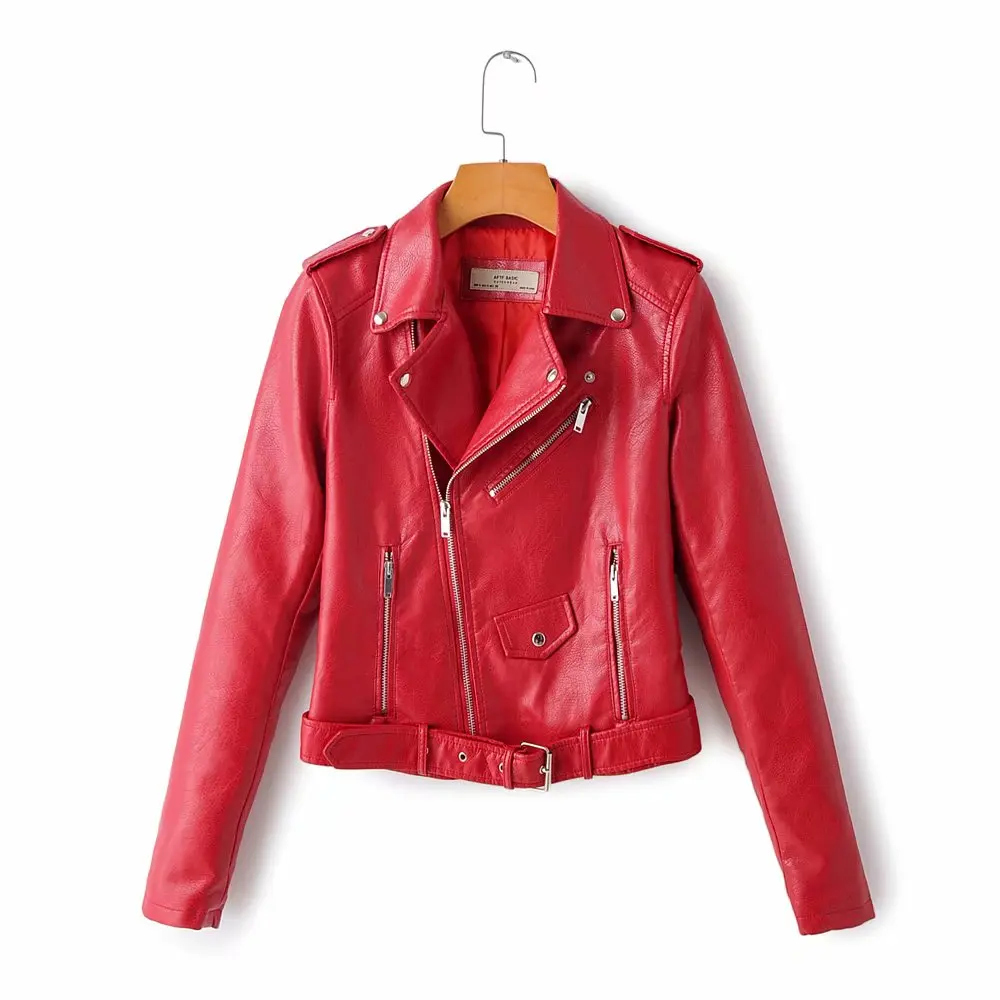 

2020 New Fashion Women Smooth Motorcycle Faux Leather Jackets Ladies Long Sleeve Autumn Winter Biker Streetwear Black Red Coat