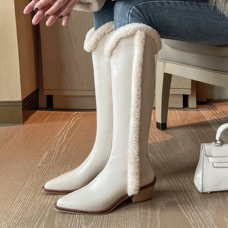 

Fashion Classic Design Knee High Boots For Women Warm Snow Boots Top 2021 Autumn Winter Thick Heels Black Beige Long Boots 34-39