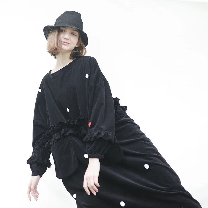 

Black polka dot mid-length dress imakokoni original Japanese loose corduroy female 182283