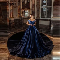 new navy blue sleevelss off shoudler a line 1 5cm long train evening dress soft satin sweetheart night party prom gowns dress