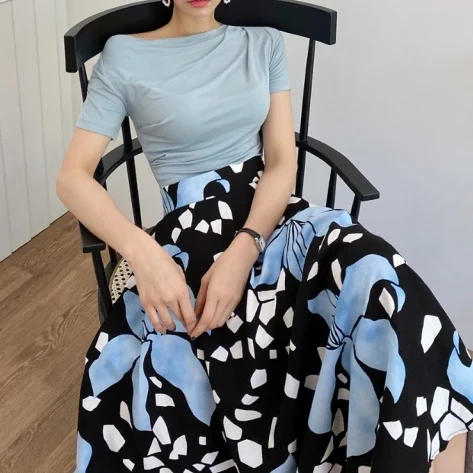 

2021 Hot Summer Women Fashion Elegant Floral Casual High Waist A-line Long Skirt Vintage Loose Korean Print Skirt