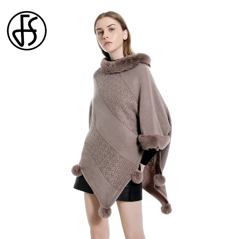 FS роскошный пуловер меховой воротник пончо и накидки с помпоном зимние шарфы для