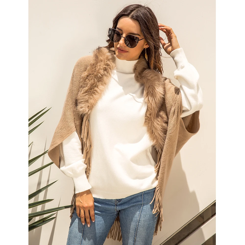 Накидка с бахромой шаль меховой воротник плащ сплошной цвет кардиган свитер зима