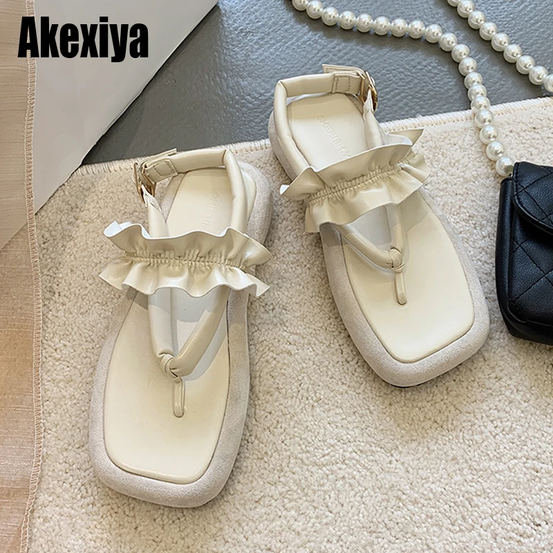 

Новинка 2021, летние женские сандалии на плоской подошве, модные шлепанцы, сандалии, однотонные повседневные уличные женские сандалии, обувь ...