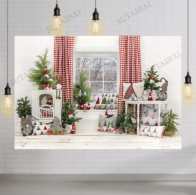

Фон для фотосъемки с изображением белого деревянного пола окна деревьев Красной рождественской занавески игрушек реквизит для фотостудии