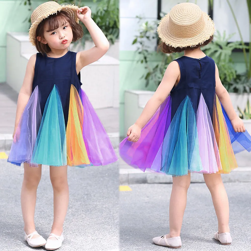 Радужное платье без рукавов для маленьких девочек платья с фатиновой юбкой