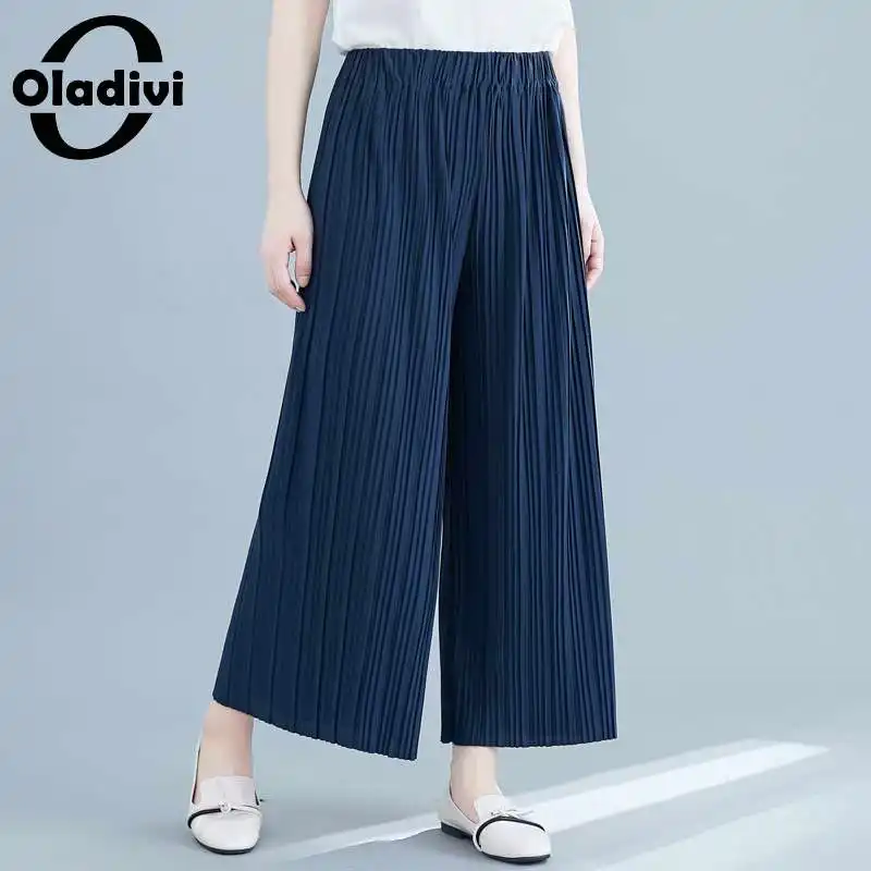 

Oladivi Oversized Wide Leg Pleated Straight Pants Women Casual Loose Big Pant Spring Summer Capris Solid Trousers M-3XL 4 Colors