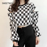 european and american autumn new womens street fashion navel loose loose plaid round neck long sleeved t shirt women
