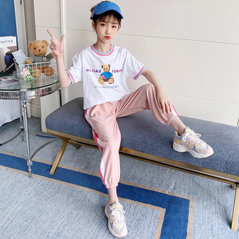 

2-piece children's 2021 summer girl girl clothes suit short sleeve + pants suit children sportswear suit 8 9 10 11 12 years old