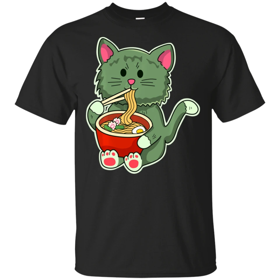 Kawaii аниме кот японская лапша черная футболка M Xxxl для молодежи среднего возраста