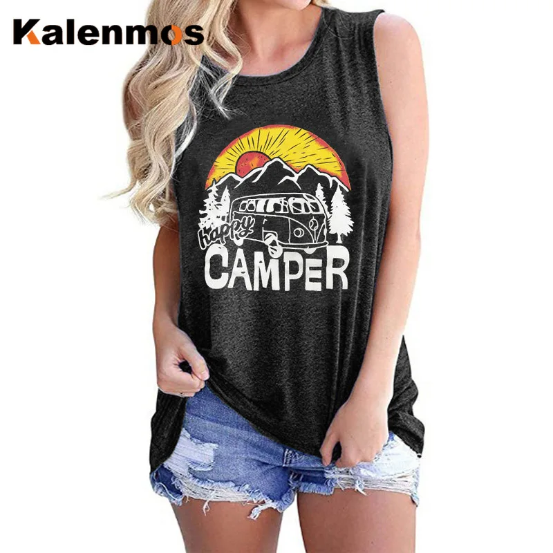 KALENMOS 2020 летние топы для женщин Happy Camper повседневные без рукавов принт буквы