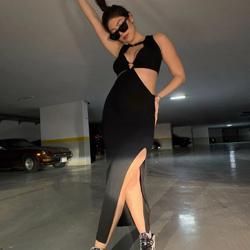

hirigin European and American women's summer new round neck sleeveless hollow temperament package hip side open sexy dress