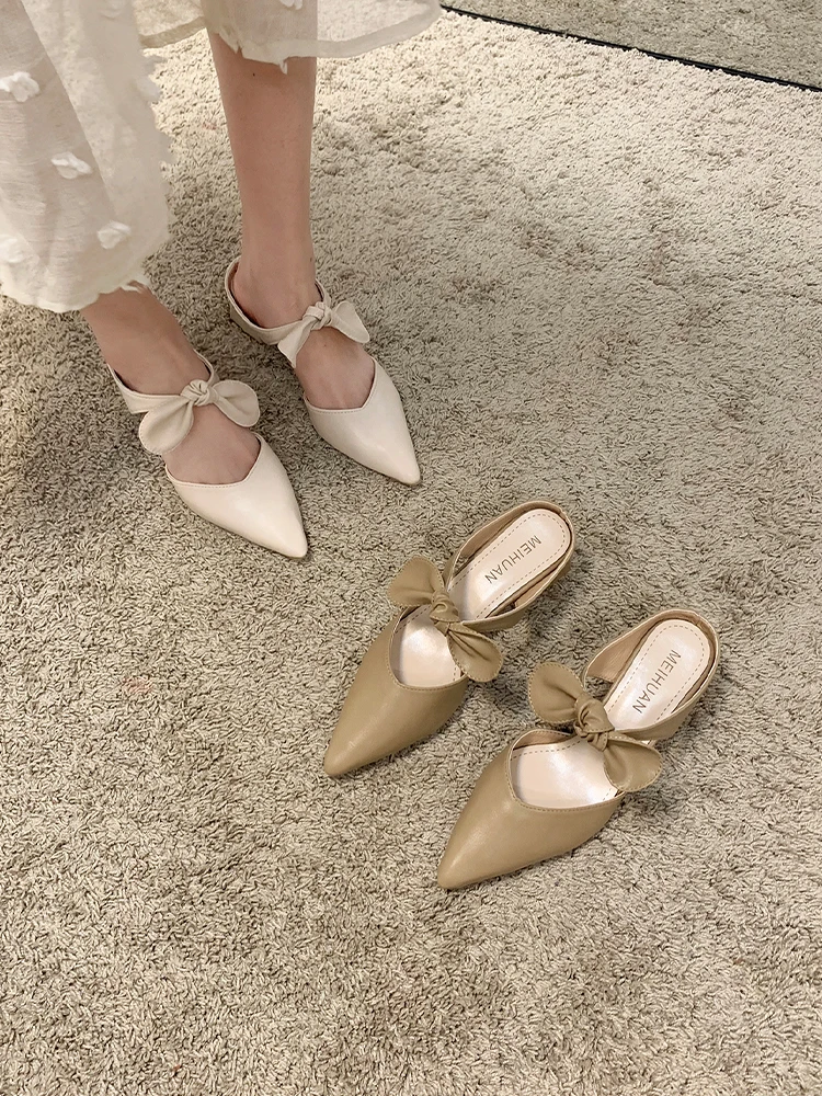 

High-Heeled Shoes Lady Pointed Toe Woman's Slippers Slides Med Butterfly-Knot Fashion 2021 Cover Luxury Soft Summer PU Butterfly