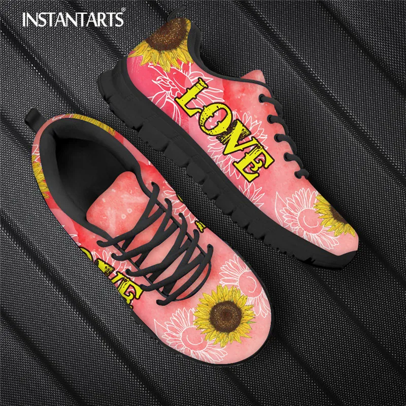 

INSTANTARTS Women's Fashion Sunflowers Flat Shoes Yellow LOVE Print Mesh Tennis Sneaker Laides Leisure Outdoor Footwear