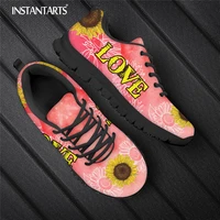 instantarts womens fashion sunflowers flat shoes yellow love print mesh tennis sneaker laides leisure outdoor footwear