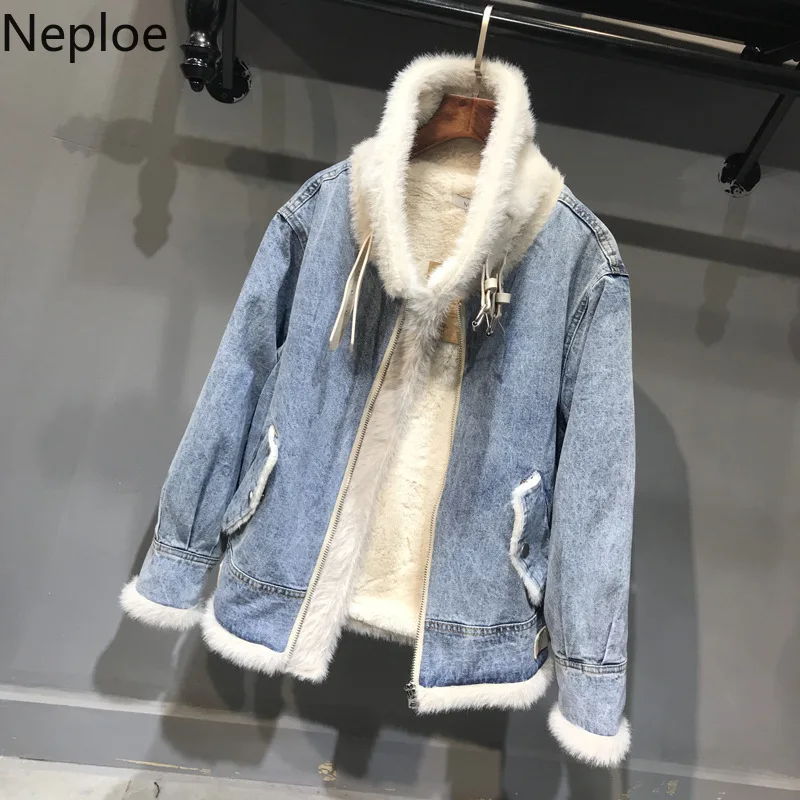 Neploe зимняя Плотная джинсовая куртка для женщин Локомотив пальто ягненка парки