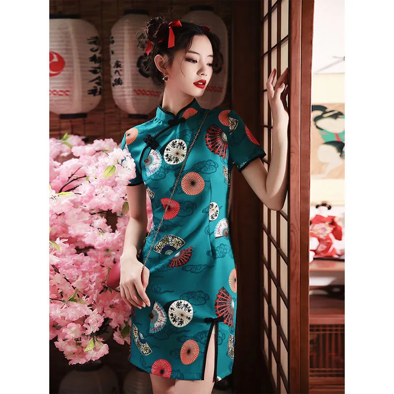 

Traditional Short Cheongsam Summer Short Qipao Skirt Short Sleeve Fan Printed Hem Slit Dress 2022 Chinese Style Dress for Women
