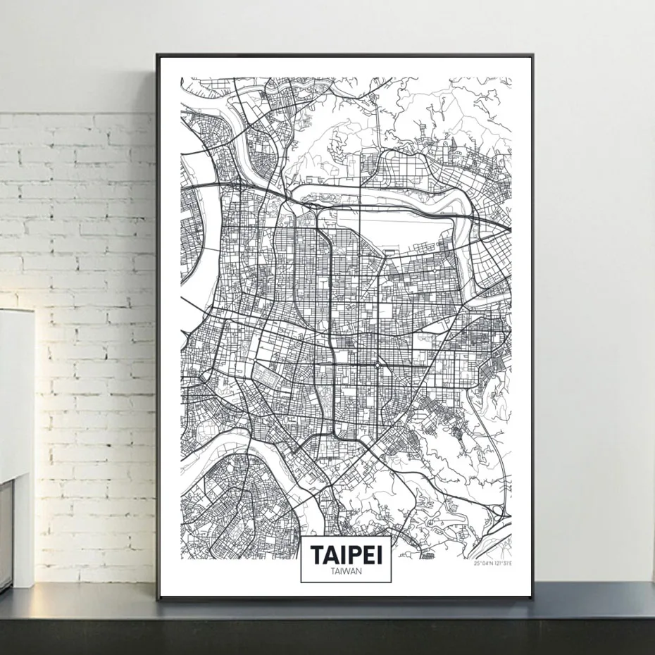 Знаменитая Карта города Тайвань Тайбэй холст картина настенные картины черно-белые плакаты и принты гостиная домашний декор