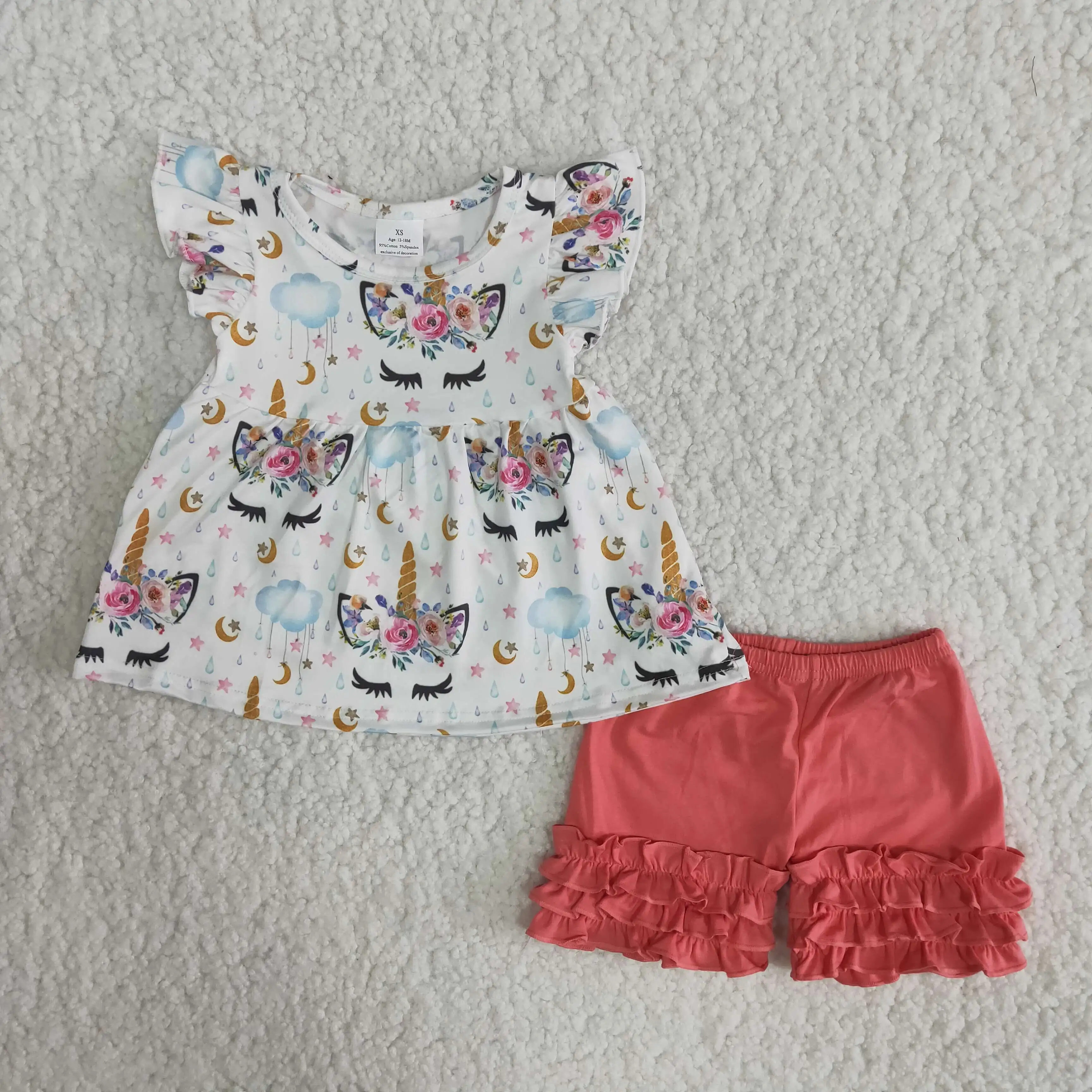 

RTS print kids clothes fashion flutter sleeve tunic icing ruffle shorts little baby girls outfits boutique clothing sets