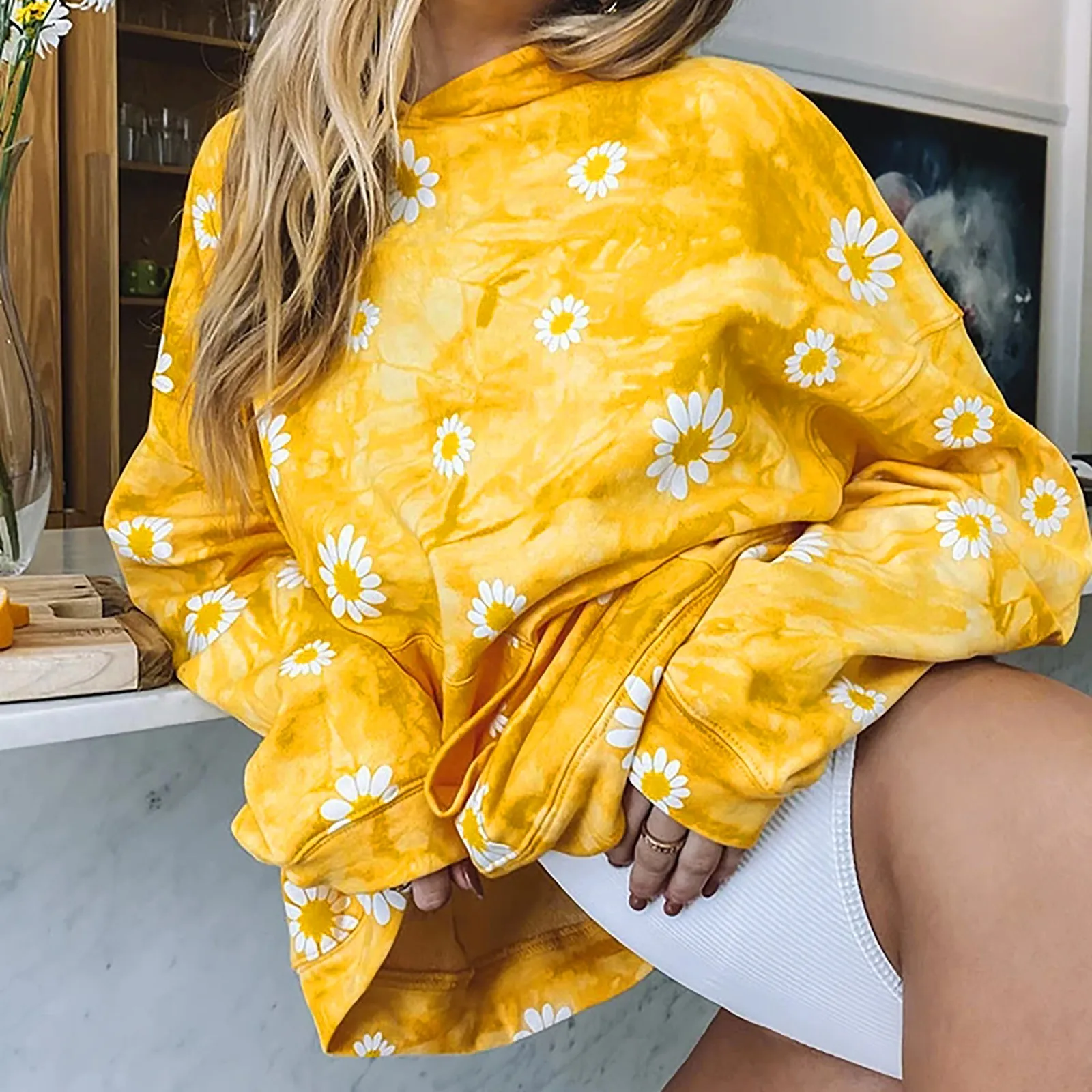 JAYCOSIN Women Sweetshirts Loose Top Casual Fashion Daisy Tie-dye Graffiti Hoodie Korean Style Autumn Casual Oversized Hoodie