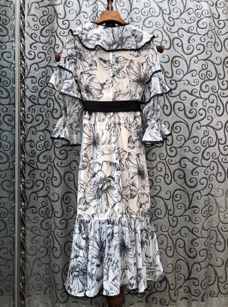 

Silk High Quality Dress 2021 Summer Style Women V-Neck Abstract Print Ruffle Patchwork Flare Sleeve Mid-Calf Casual Sun Dress