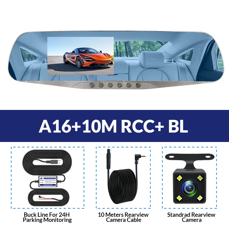 E-ACE A16 Автомобильный видеорегистратор зеркало заднего вида видеорегистратор 5 светодиодных ламп видеорегистратор с камерой заднего вида Две камеры регистратор видеорегистратор - Название цвета: A16-10M RCC-BL
