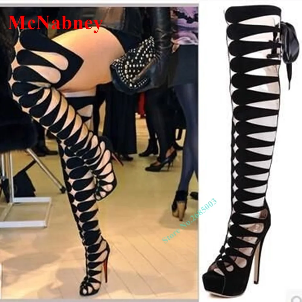 

Босоножки женские замшевые на платформе, однотонные Сапоги выше колена на тонком высоком каблуке, со шнуровкой, с открытым носком, с вырезами, черные, лето