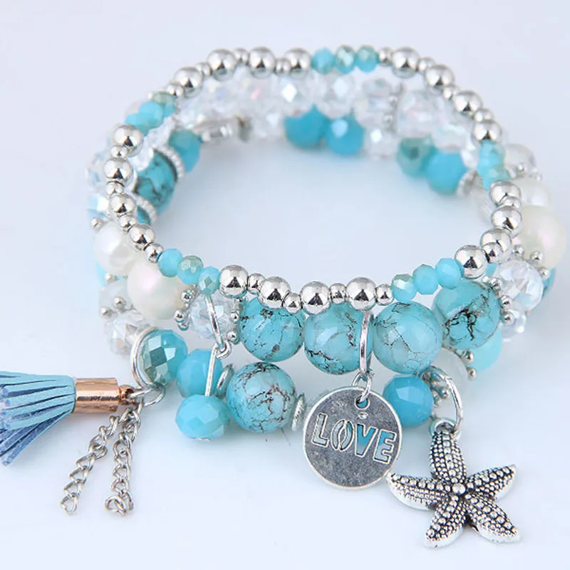 

YADA Silver Color Starfish And Shell Bracelets&Bangles For Women Multi-layer Bracelets Charm Crystal Jewelry Bracelet BT210001