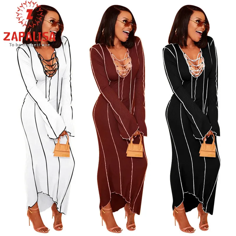 

Night Club Style Solid Color Pencil Dress for Women Patchwork Design Bandage Decor V-Neck Flare Long Sleeve Mid Waist Slim Dress