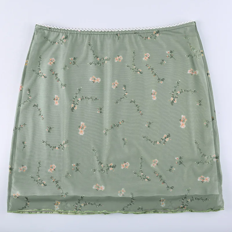 

Cute Mini Skirts Womens Double Layer Mesh Flower Print Kawaii Clothes Low Waist Slim Sexy Summer Skirt