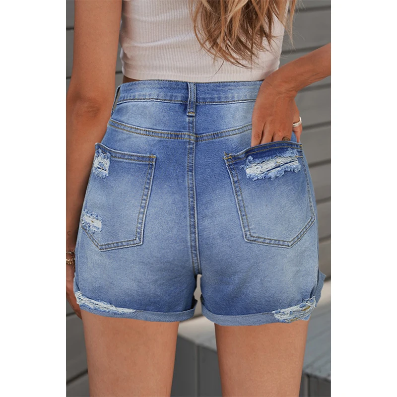 

LUCKYFRIDAYF Summer Sexy Folded Hem Ripped High Waist Jean Shorts Woman Pantalon Femme Spodnie Jeansowe High Waist Pants XL