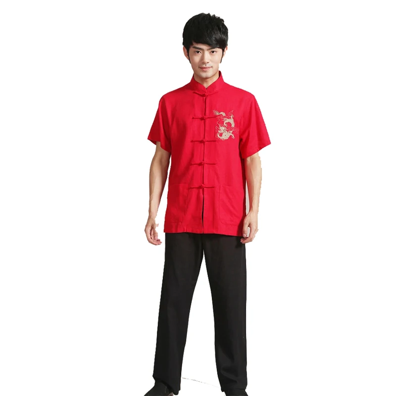 

Dagon Kung Fu Suit Black/Red Cotton Linen Embroider New Chinese Traditional Men'S Short Sleeve Wu Shu Sets Uniform Men Clothing