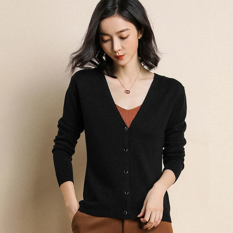

New 2021 Spring Knitted Cardigan Sweater Women Yellow Black Gray V neck Buttons Long Sleeve Slim Casual Outwears Sweater Coat