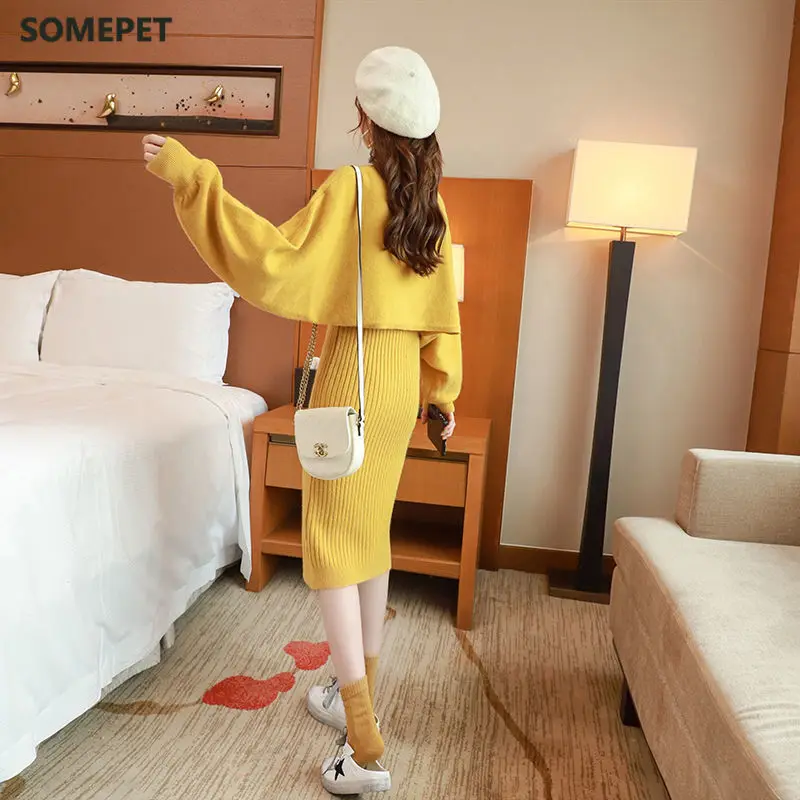 

Fashion 2 Piece Set Women Sexy V Neck Slim Fit Bodycon Dress Woman And Solid Color Loose Knit Sweaters Chic Two Piece Suit