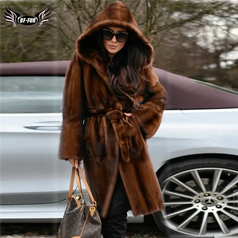 

BFFUR Women High Quality Genuine Mink Fur Coat With Hood 100cm Long Real Mink Fur Coat Winter Fashion Fur Overcoats 2021 Trendy