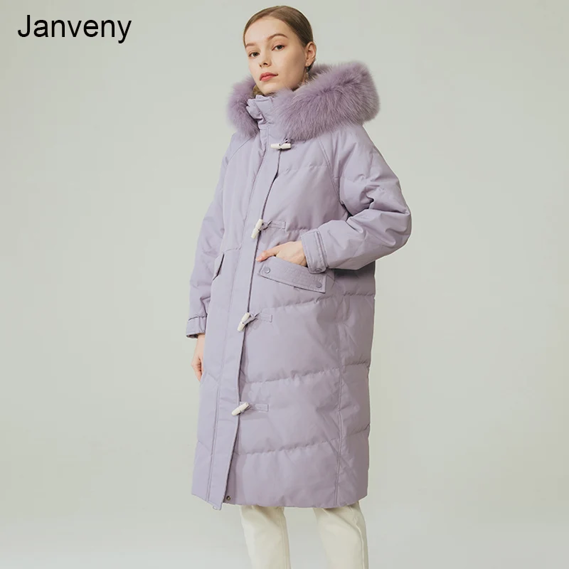 

Janveny Women Duck Down Jacket Winter Long Coat 2021 Large Real Fox Fur Hooded Thick Warm Feather Parkas Female Snow Outwear