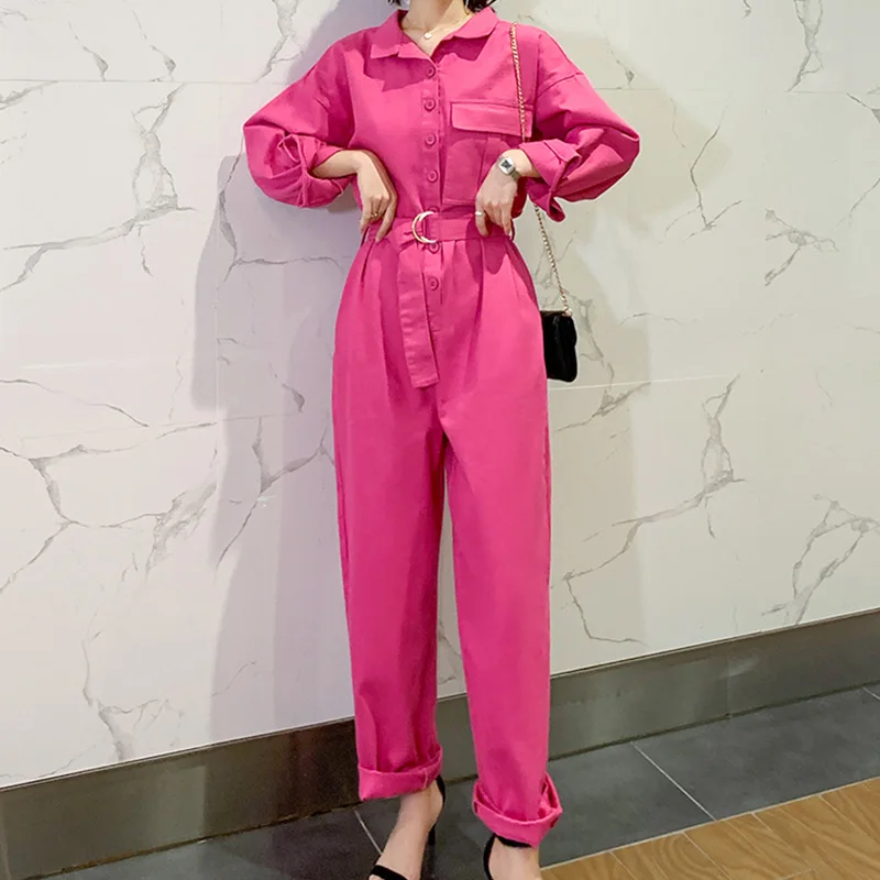 New Spring Autumn Women High Waist Long Sleeve Cotton Overalls Female Casual Vintage Rose Red Tracksuit Lounge Wear Jumpsuit | Женская