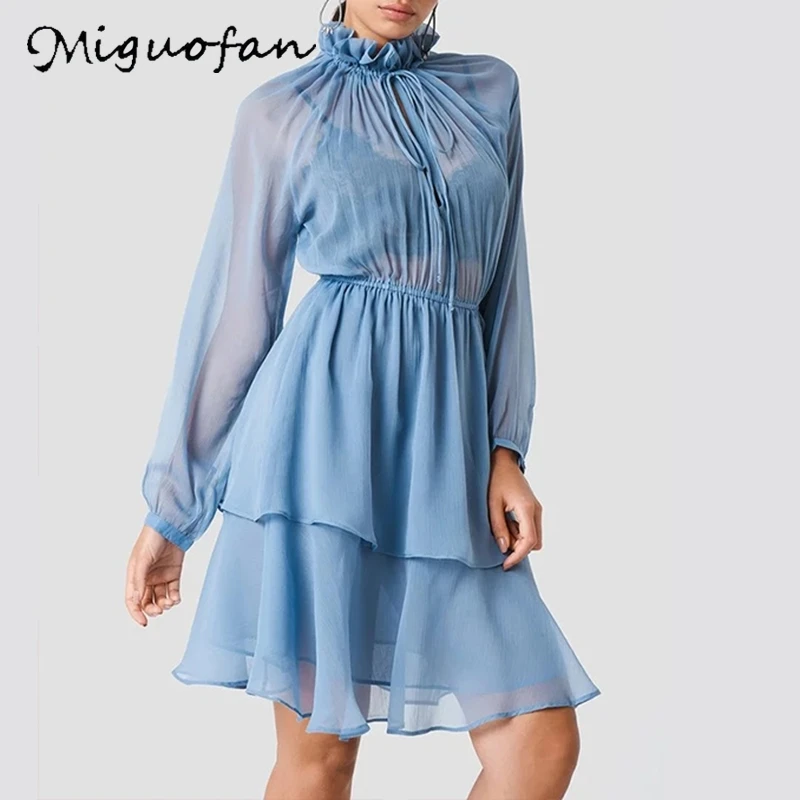 Женское шифоновое платье Miguofan прозрачное ажурное с высоким воротником и длинным