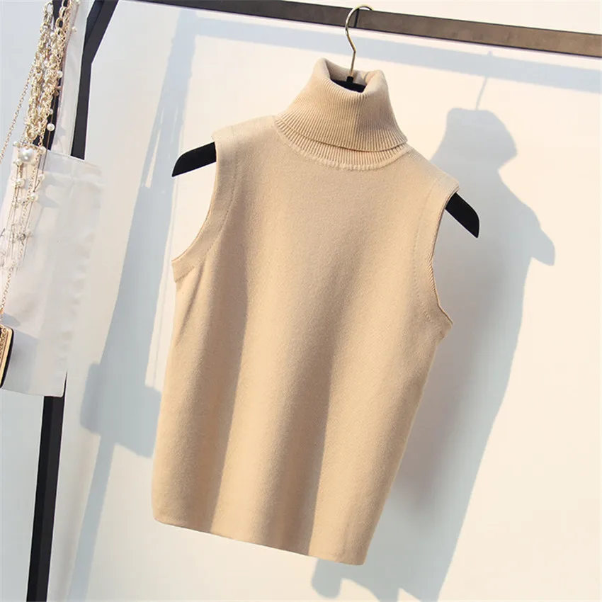 khaki sleeveless Весенние вязаные топы женские с коротким рукавом футболки осень зима водолазка пуловеры футболка женская вязаная футболка - Цвет: khaki sleeveless