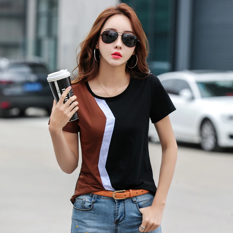 

New Striped Patchwork Cotton Short Sleeve T Shirt Women 2022 Casual Ladies Summer T Shirts Womens Clothing Tee Shirt Femme