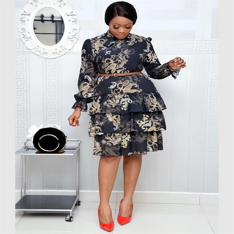 

Women Printed Dresses Long Sleeves Bowtie Cake Dress Female Ruffles Pleated Africn Fashion Lovely Date Sweet Vestidos Plus Size