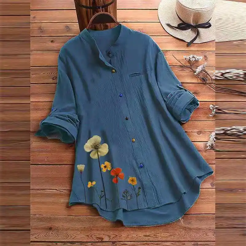 

Spring Summer Women New Printed Shirt Stand-Up Collar Tops Blusas Cotton Line Long Sleeve Button Blouse Female Oversize Shirts