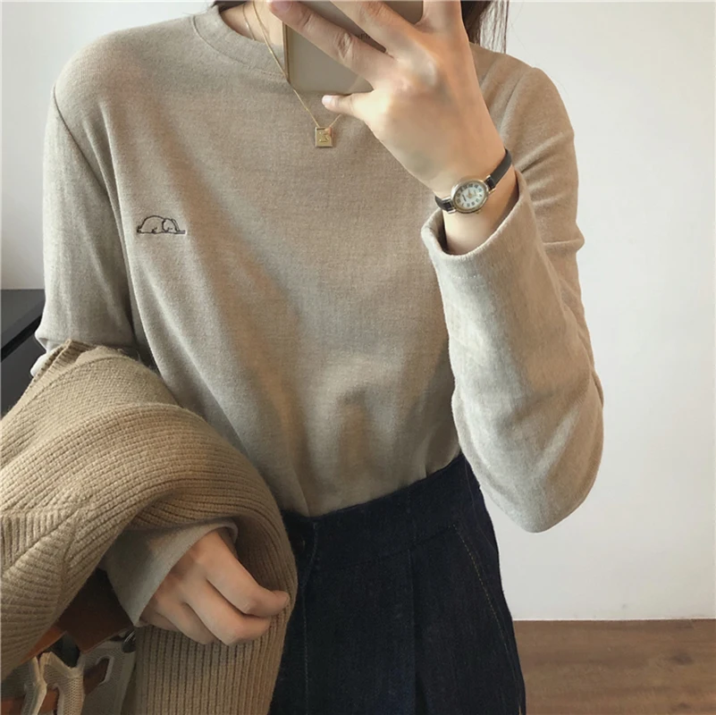 

Classic Solid Office Lady Skin-friendly Soft Waxy Round Neck Long-sleeved Brushed T-shirt Women's All-match Bottoming Tee Shirt