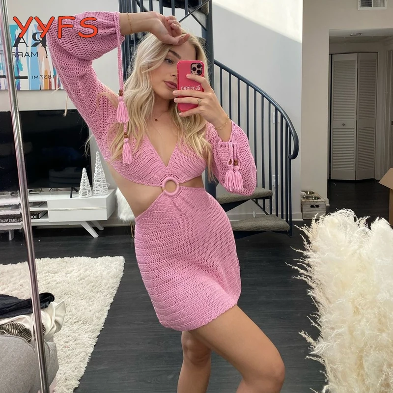Пляжный кардиган Крючковой вязки с v образным вырезом Мини платье для женщин 2021