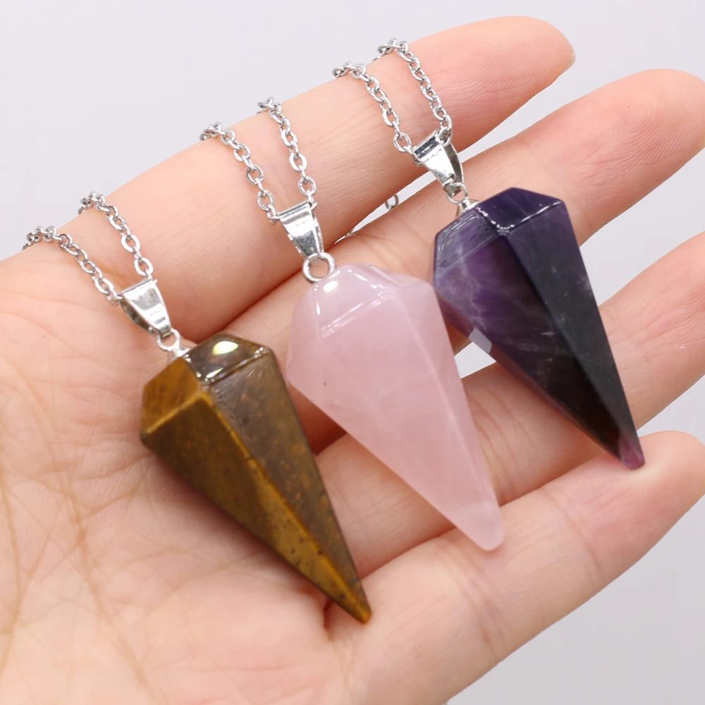 

Natural Stone Tapered Agate Pendant Rose Quartz Amethyst Elegant Charm Gem Necklace Jewelry Birthday Party Anniversary Cute Gift