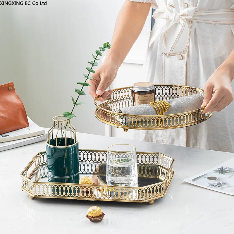 

Светильник лый роскошный бытовой металлический зеркальный поднос в европейском стиле, свадебное украшение, прямоугольный круглый контейн...