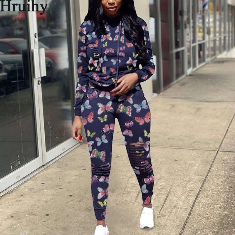 

Butterfly Print Long Sleeve 2 Piece Set Women Hoodied Sweatshirt Long Pants Casual Two Piece Set Streetwar Ropa Deportiva Mujer