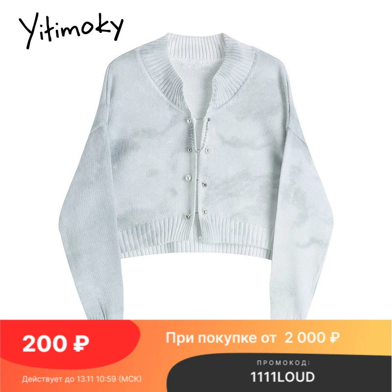 

Вязаный кардиган Yitimoky, короткий свитер в Корейском стиле с V-образным вырезом и жемчужинами, Осень-зима 2021