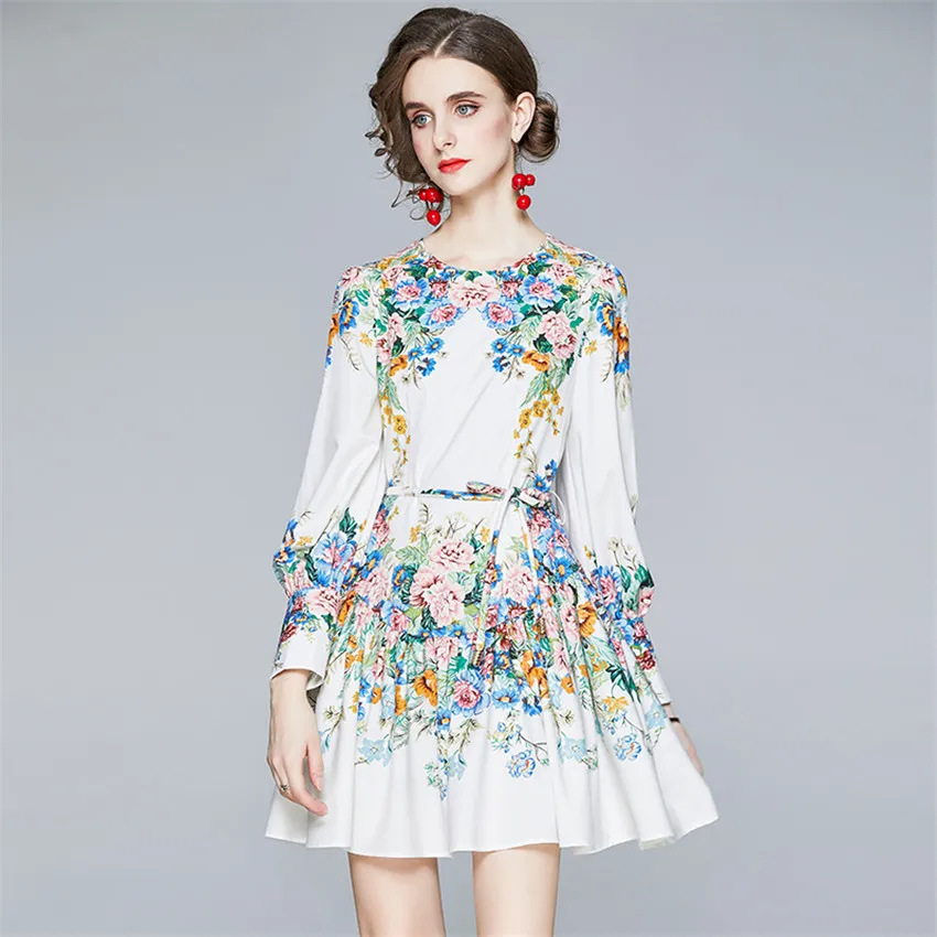 

2021 New High Quality Fashion Mini Dress Women Puff Sleeve Floral Print Elegant Dress Short Designer Runway Dresses French Style